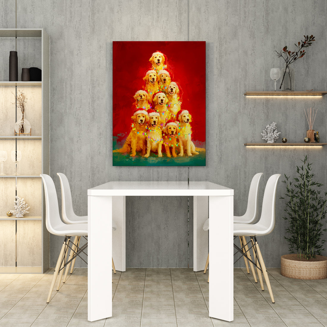 Bring festive warmth to any room with this charming Golden Retriever Christmas Tree canvas wall art. Featuring a beloved golden retriever adorned with holiday cheer, this piece combines seasonal spirit with timeless pet portraiture.