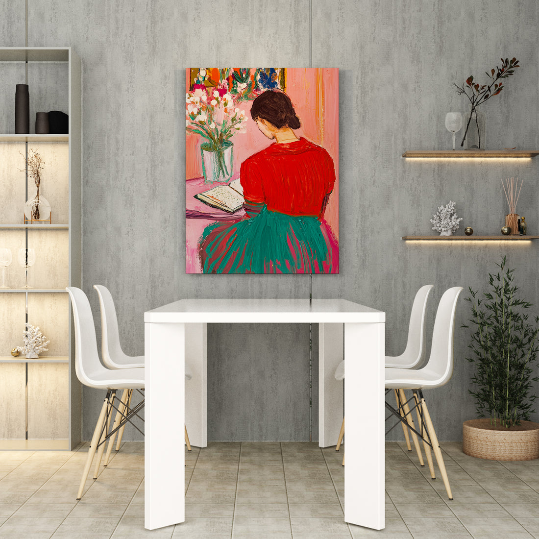 Elevate your interior with this striking canvas wall art featuring a contemplative woman reading portrait rendered in sophisticated red and pink tones. The modern artistic style brings contemporary elegance to any space, making it an ideal focal point above your sofa, in the bedroom, or throughout your home.