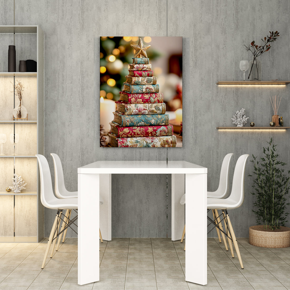 Transform your space with this distinctive canvas art piece that merges literary charm with festive elegance. Featuring a creative Christmas tree design crafted from stacked vintage book covers adorned with floral patterns, this artwork brings warmth and sophistication to any room. 