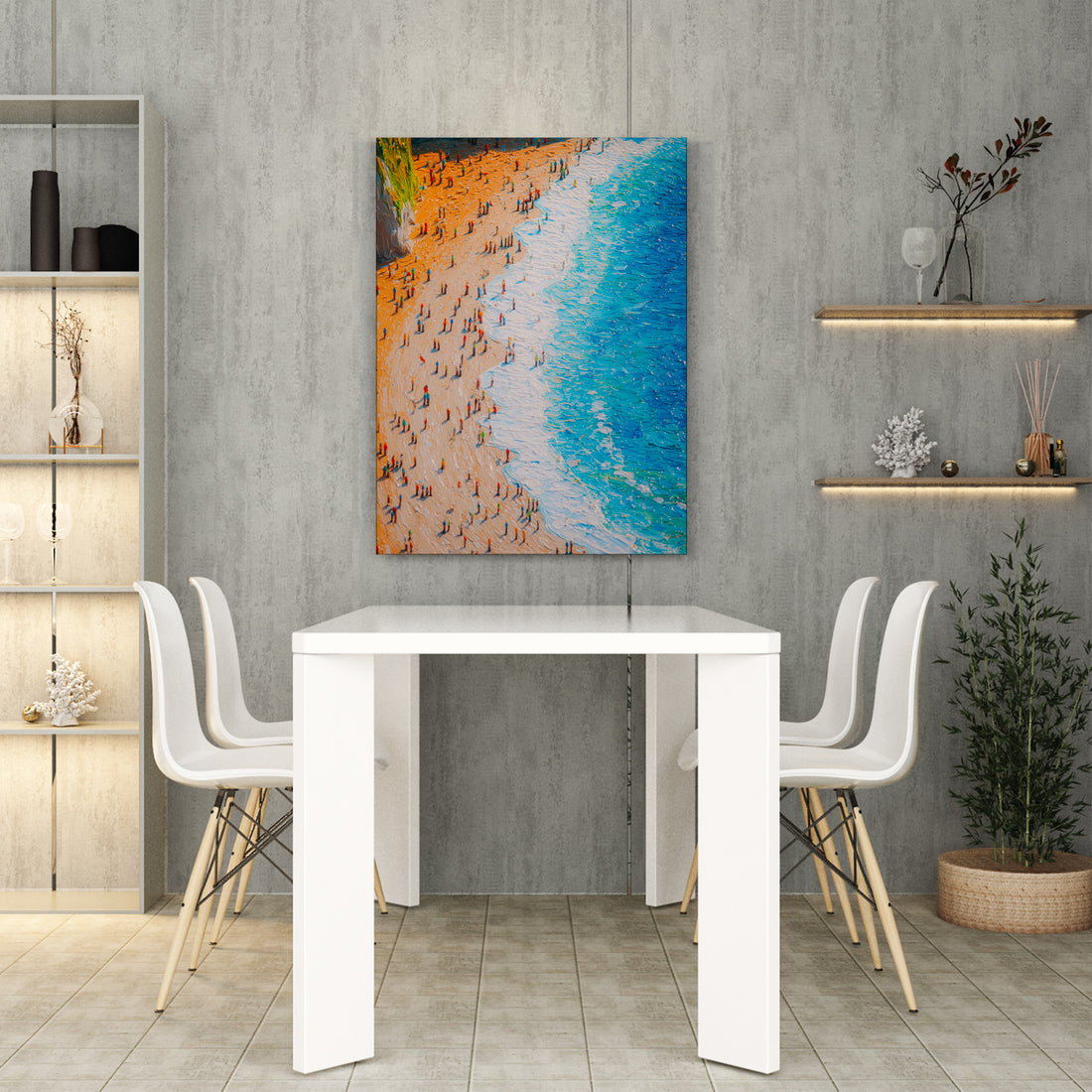 Elevate your interior with this stunning aerial perspective canvas art, capturing the serene beauty of pristine coastlines. The composition showcases crystalline turquoise waters meeting golden sandy shores, rendered with meticulous detail that draws the eye and invites contemplation. Perfect for living rooms, bedrooms, or any space requiring a sophisticated coastal accent, this piece brings the tranquility of seaside landscapes indoors.