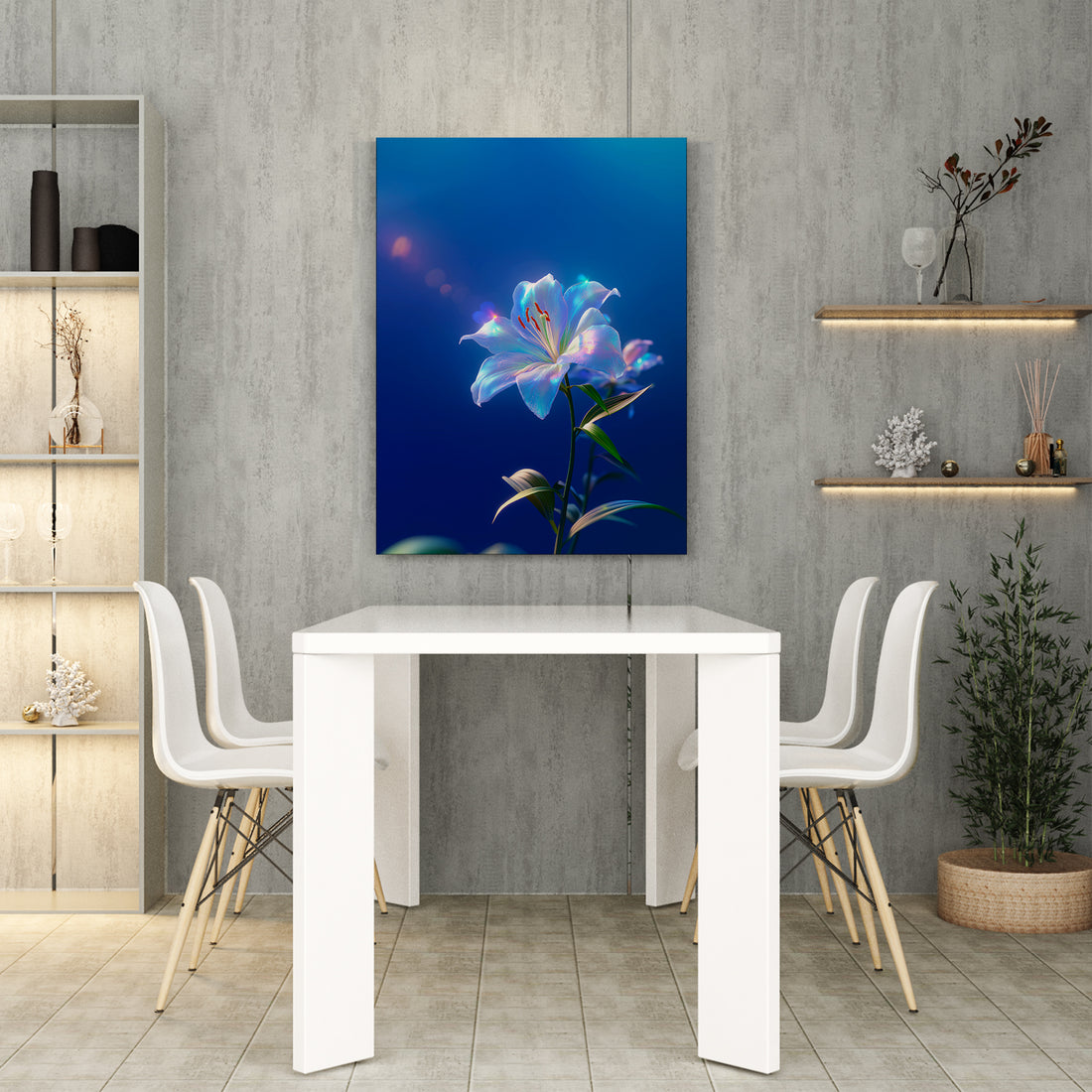 Capture the serene beauty of nature with this stunning canvas wall art featuring an ethereal blue lily rendered in glowing floral photography. The delicate bloom emerges against a rich, deep blue background, creating a sophisticated focal point that transforms any space. Perfect for living rooms, bedroom walls, or above sofas, this piece brings tranquility and elegance to your home decor.