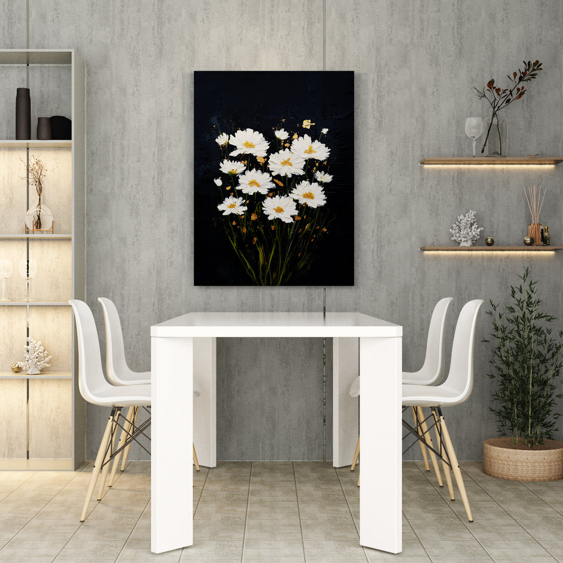 White daisies bloom against a striking black canvas, creating a sophisticated contrast that elevates any interior space. This wall art piece combines botanical elegance with modern minimalism, making it an ideal focal point for living rooms, bedroom walls, or above sofas. The crisp white florals draw the eye while the dark background grounds the composition, adding depth and visual interest without overwhelming your décor.