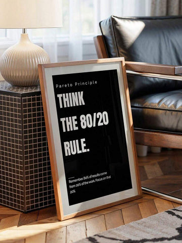 Framed black Pareto Principle poster leaning on floor beside lamp and black leather chair