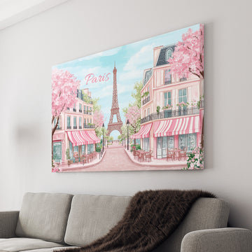 Paris Spring Canvas Wall Art, Cherry Blossom Street Scene with Eiffel Tower - For Living Room, Sofa Backdrop, Bedside Decoration, Home Decor