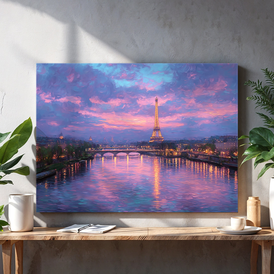 Capture the enchanting beauty of Paris at dusk with this Paris Sunset Canvas Wall Art. Featuring the iconic Eiffel Tower and the serene Seine River, this cityscape adds a sophisticated touch to your living room, sofa backdrop, or bedside area. Crafted to enhance your home decor, it brings warmth and elegance, creating a calming ambiance that complements any interior style. Perfect for those seeking to infuse their space with timeless charm and expert artistry.