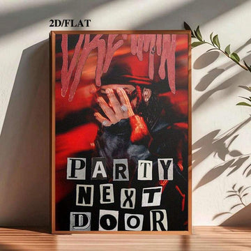 Brown framed red and black PartyNextDoor portrait beneath leafy window shadows
