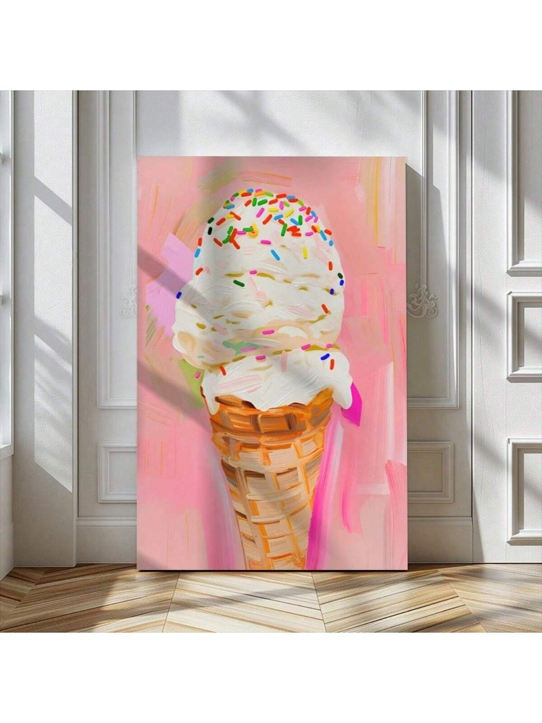 Bring a touch of whimsy to your kitchen with this charming pastel pink ice cream canvas art. Perfect for coastal-inspired spaces, this piece captures the essence of carefree summer days with its soft, dreamy aesthetic. The delicate vanilla ice cream illustration in soothing pink tones adds a playful yet sophisticated element to any room. Ideal for those seeking girly, beachy decor that feels both trendy and timeless, this canvas transforms ordinary walls into conversation starters. Whether you're decorating