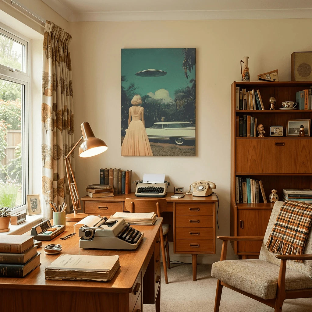 Pastel UFO wall art with hovering saucer and vintage car