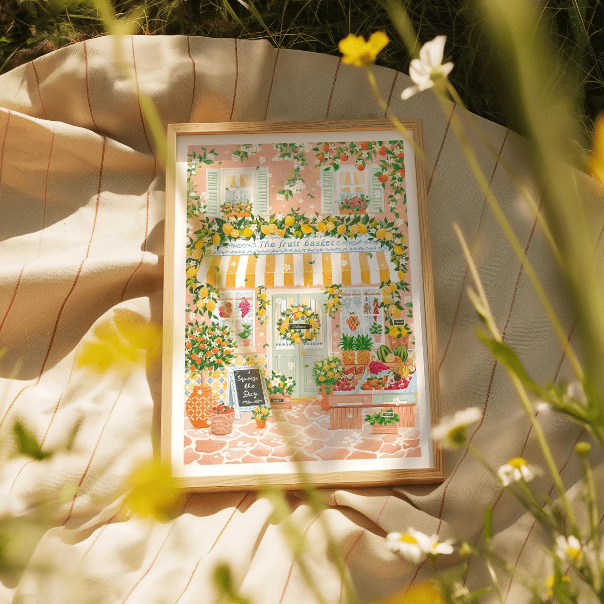 Mediterranean fruit market canvas poster styled with wildflowers