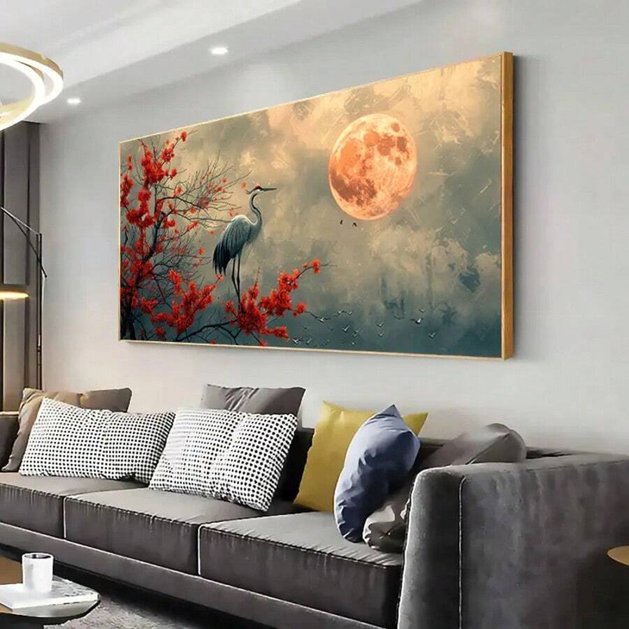Elevate your home office with this striking modern canvas painting featuring an elegant crane design. The frameless unframed canvas brings contemporary sophistication to any workspace, blending animal and graphic elements with subtle plant motifs for visual depth.