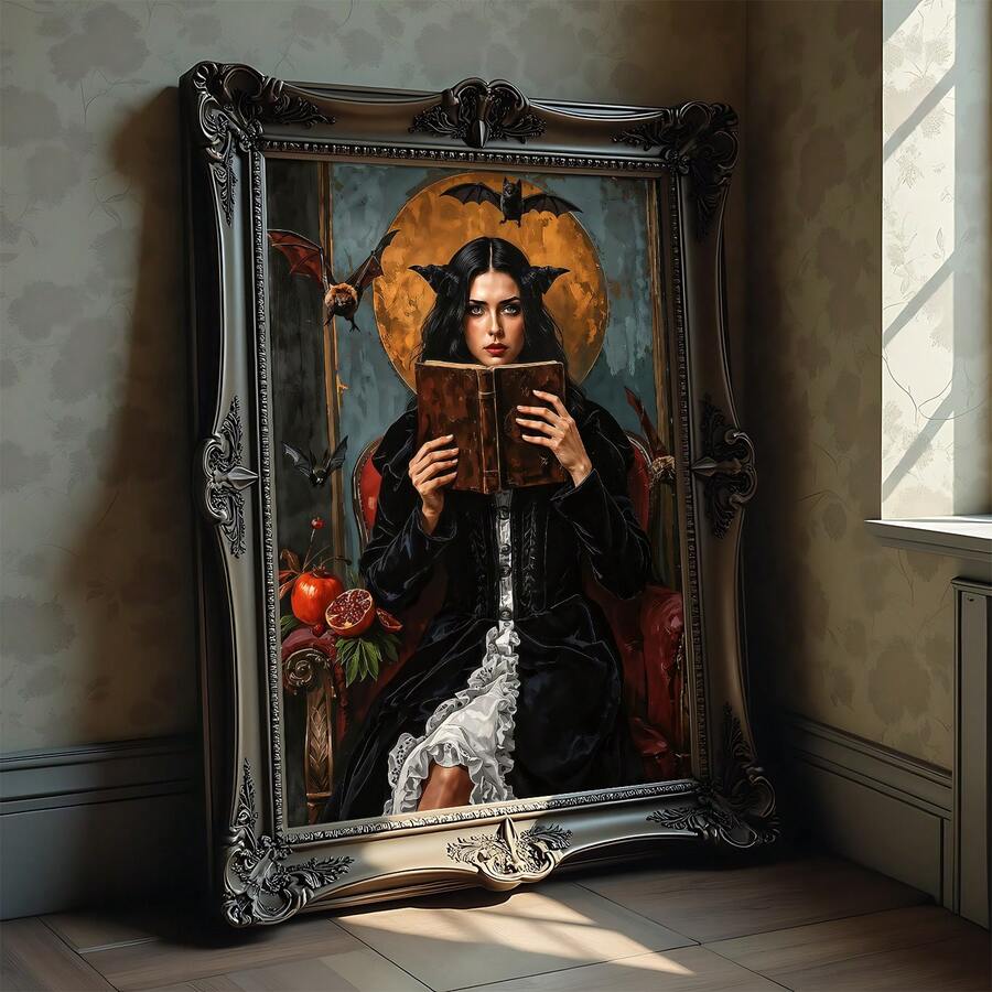 Gothic portrait of dark-haired woman reading antique book beneath orange moon and bats in ornate black frame