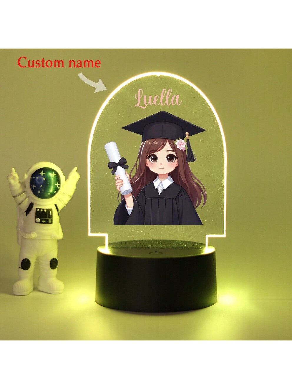 Enhance any room with this customizable 3D LED night light. Perfect for graduates and friends alike, the innovative design features a variety of ornaments to add a personal touch. Create a peaceful atmosphere while adding a touch of style to your space.
