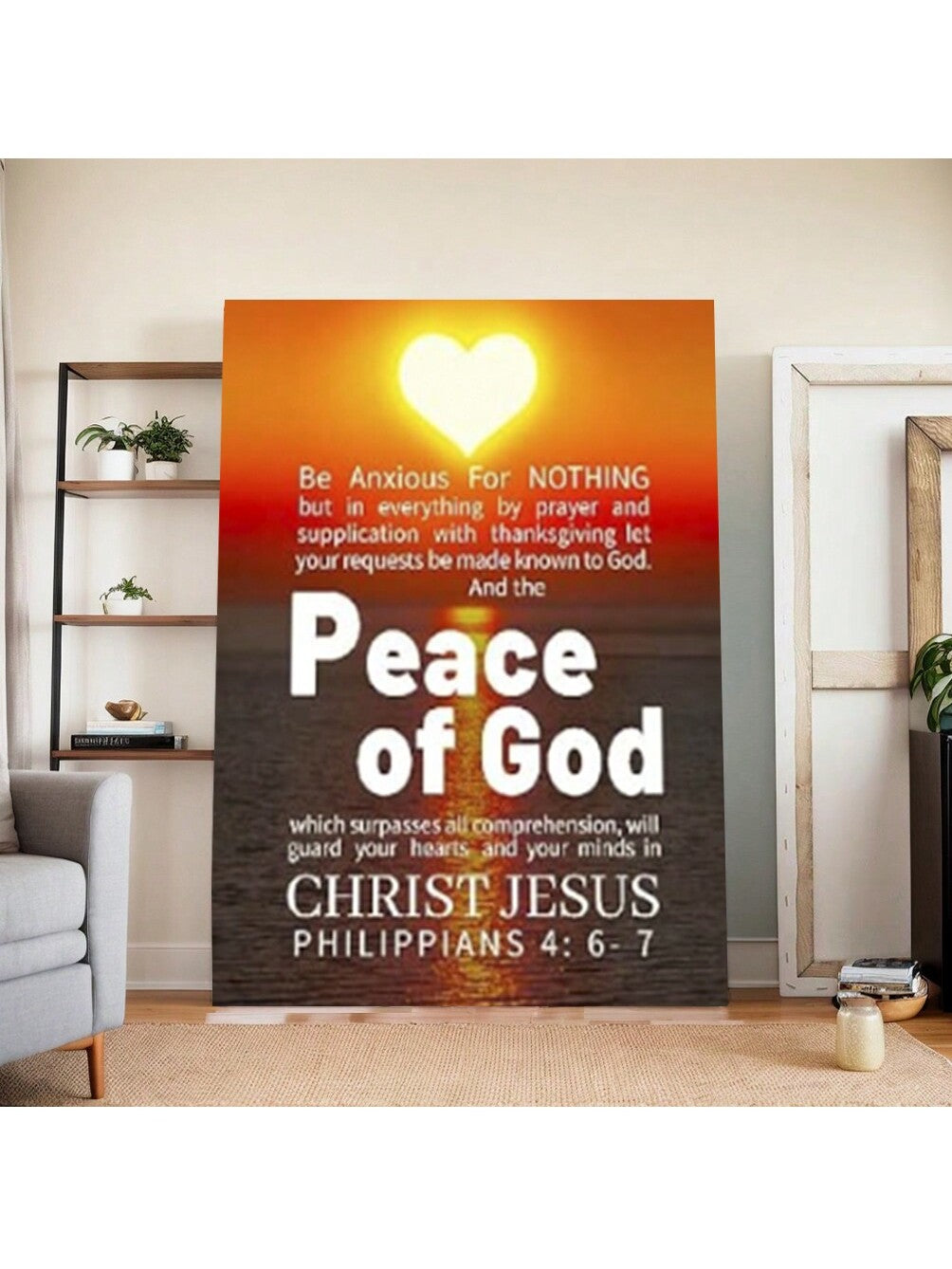 Enhance your space with our Philippians 4:6-7 inspirational canvas wall art. This uplifting Christian decor serves as a daily reminder to cast your anxieties upon the Lord and experience His peace. Perfect for both home and office, this canvas will bring joy and inspiration to any room.