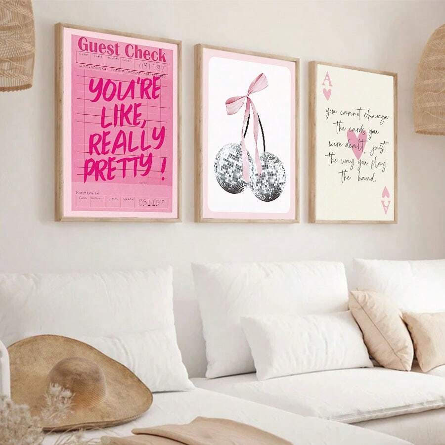 Pink Aesthetic Quotes and Disco Cherry Canvas poster set with playful Y2K charm. Perfect for bedrooms, dorms, dressing rooms, beauty spaces, and colorful decor.