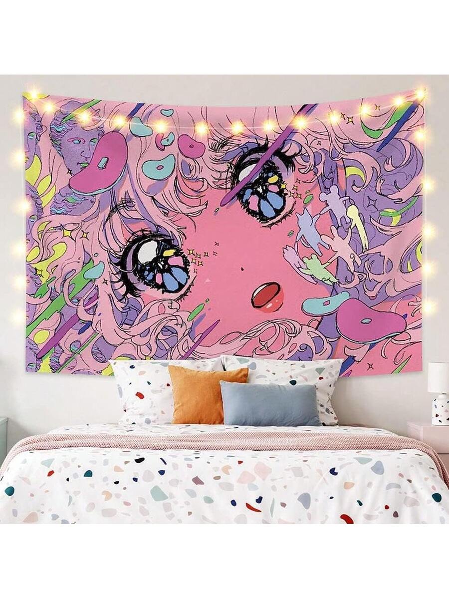 Pink anime girl Y2K tapestry displayed above bed in pastel bedroom