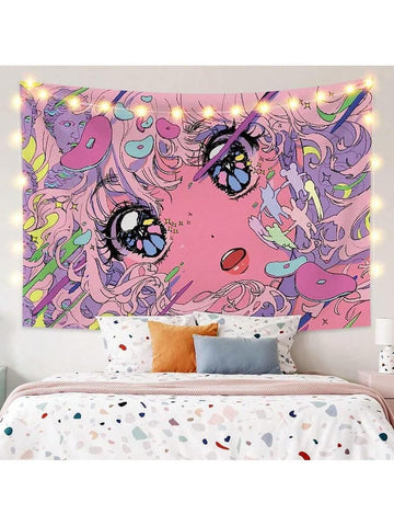 Pink anime girl Y2K tapestry displayed above bed in pastel bedroom