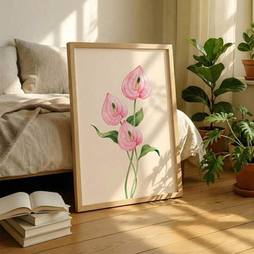 Pink anthurium print with watercolor flowers and green stems