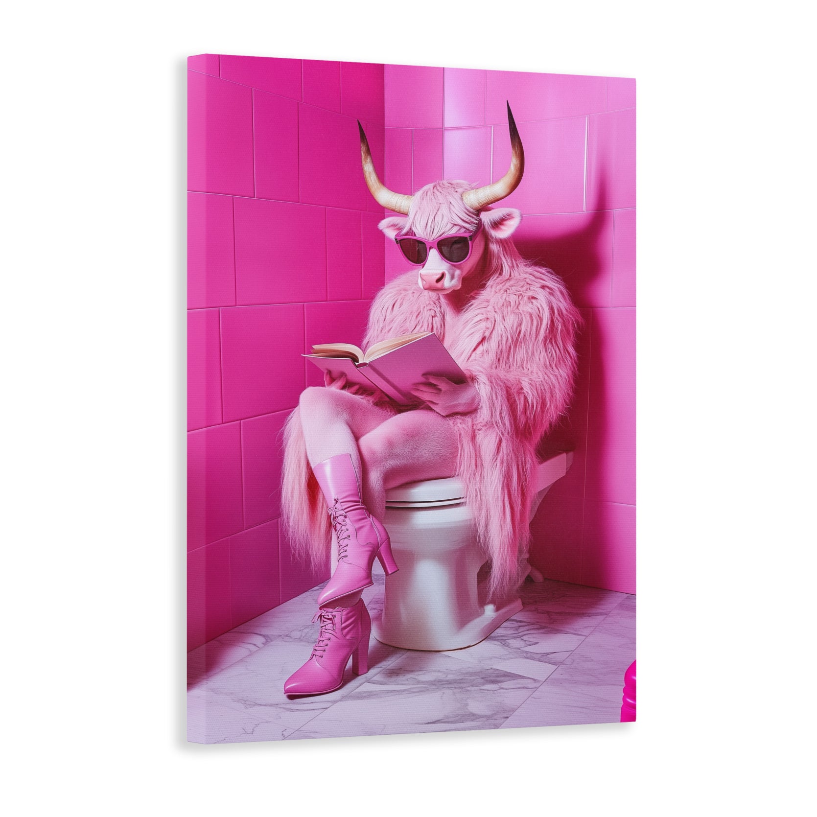 Elevate your bathroom decor with this Pink Bathroom Wall Art featuring a playful cow reading. Perfect for living room, sofa backdrop, or bedside decoration. Made from high-quality canvas for long-lasting vibrancy. Transform your home into a cozy and stylish sanctuary.