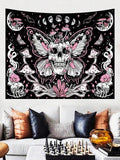 Pink black skull butterfly tapestry with mushrooms and moons