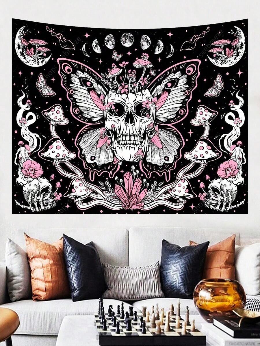 Pink black skull butterfly tapestry with mushrooms and moons