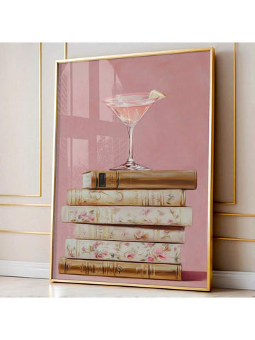 Martini canvas print with glass on vintage book stack