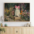 Pink bow ghost in colorful wildflower meadow canvas poster