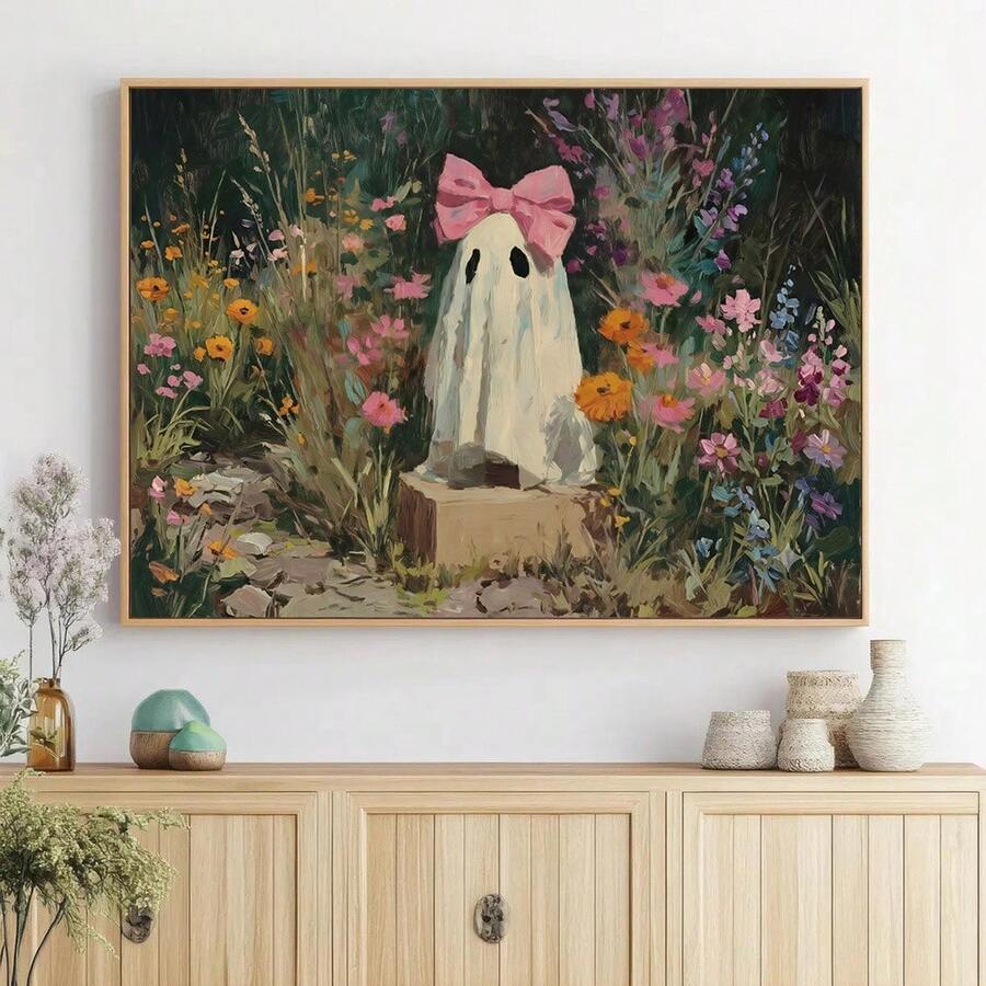 Pink bow ghost in colorful wildflower meadow canvas poster