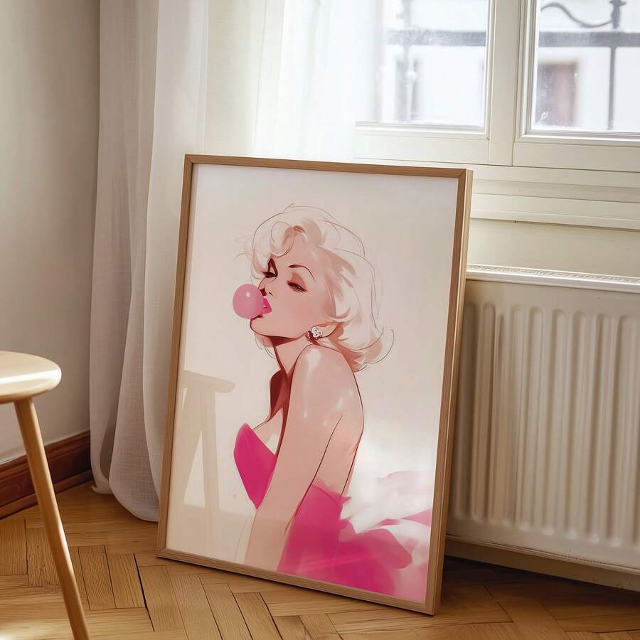 Pink bubblegum wall art with retro blonde woman