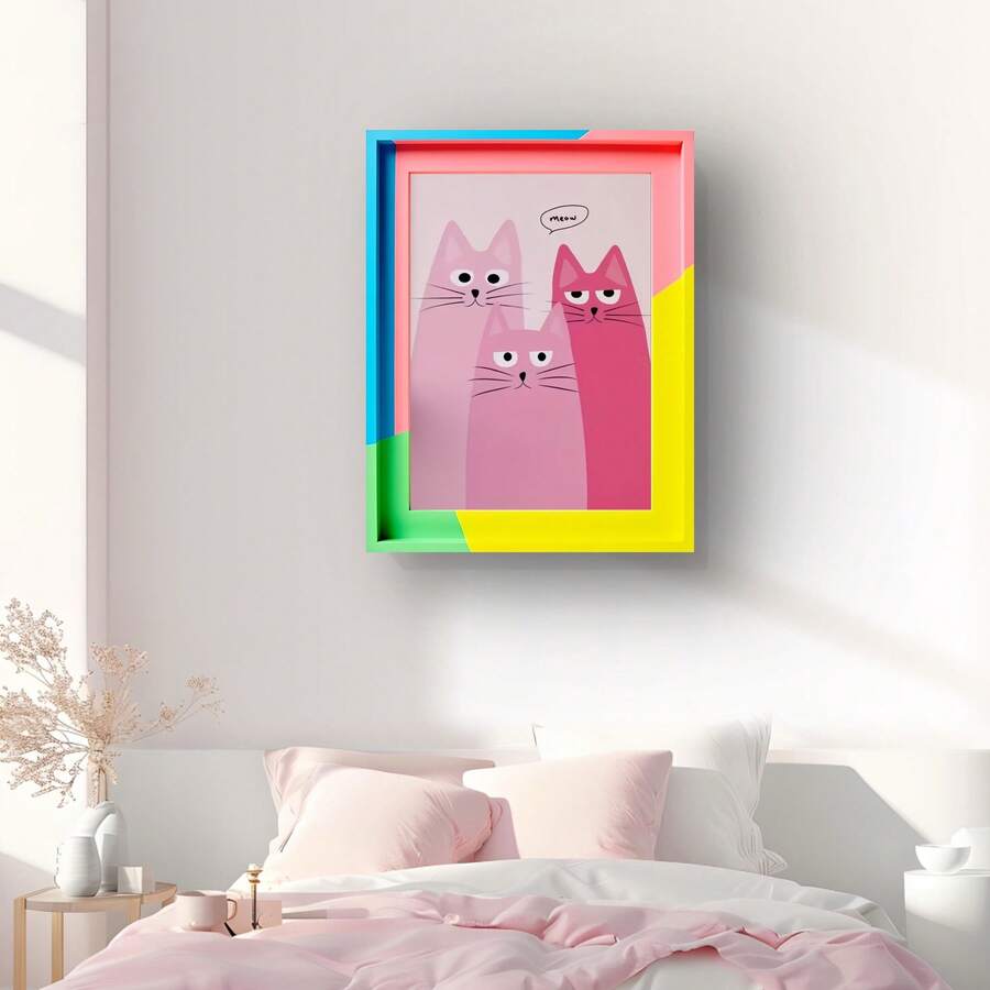 Pink three cats wall art above bedroom headboard