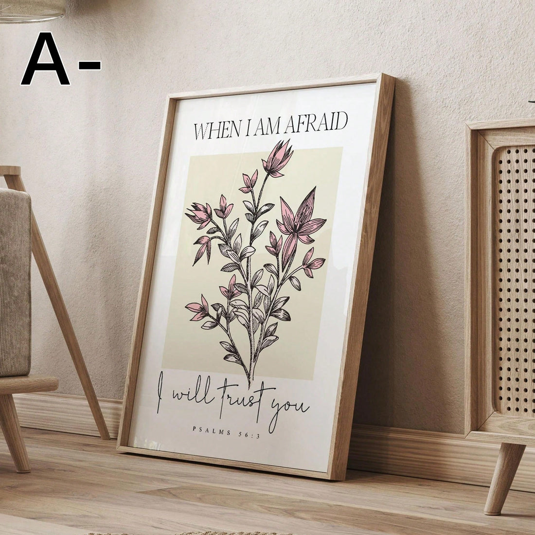 This Pink Christian Floral Scripture Wall Art features a powerful verse from Psalm 56, beautifully displayed in a delicate floral design. Inspire faith and add a touch of elegance to any room with this lovely piece. A perfect addition to your home decor or a thoughtful gift for someone special.