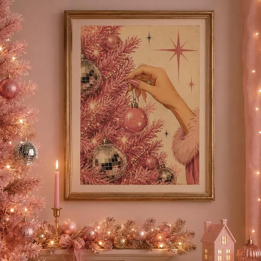 Gold-framed pink Christmas tree print with a hand hanging a bauble above a festive mantel
