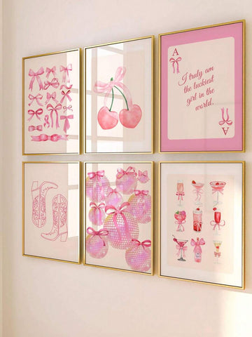 Pink Cute Bow & Cherry Pattern Girly Style Canvas Poster Set