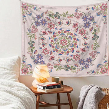 Main view of Pink Floral Mandala Wall Tapestry for Bedroom, Living Room & Boho Home Decor canvas wall art print for home decor