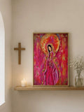 Abstract religious canvas with sacred female figure halo cross and Bible