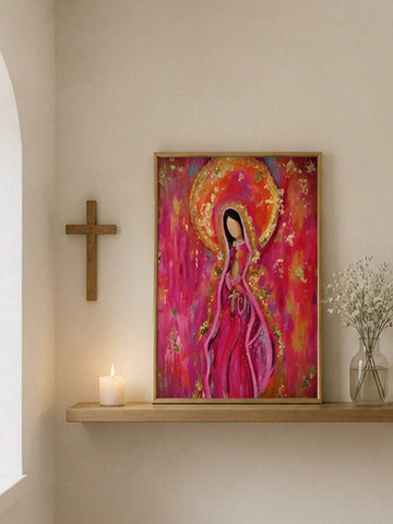 Abstract religious canvas with sacred female figure halo cross and Bible