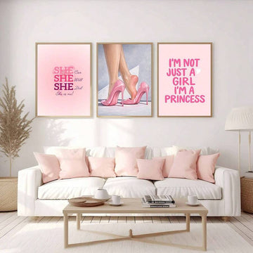Pink high heels inspirational wall art above white sofa