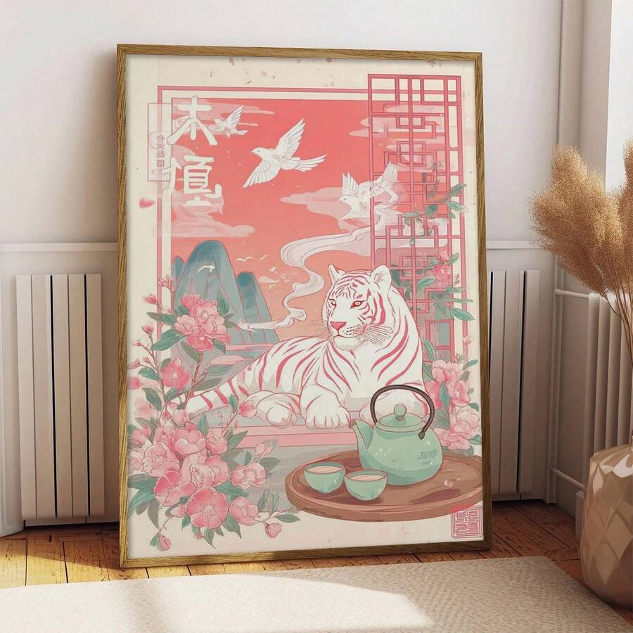 Framed canvas showing a white tiger amid pink cherry blossoms, jade tea set, birds, and teal mountains