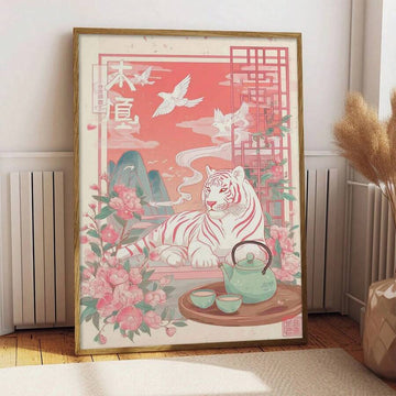 Framed canvas showing a white tiger amid pink cherry blossoms, jade tea set, birds, and teal mountains