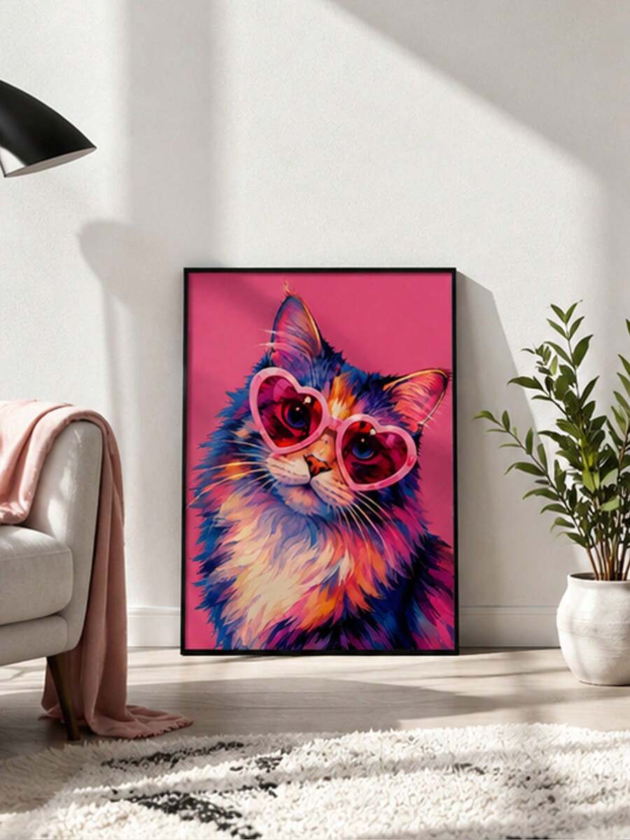 Colorful cat print with pink heart sunglasses leaning on living room wall