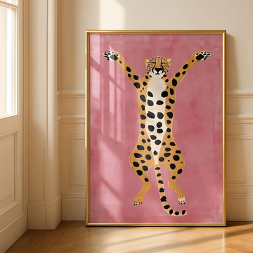 Leopard wall art with spotted cat figure raising arms on bright pink background