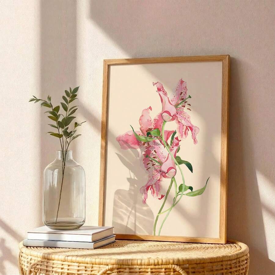 Pink lily wall art framed on wicker cabinet with pastel flowers sunlight and plant styling