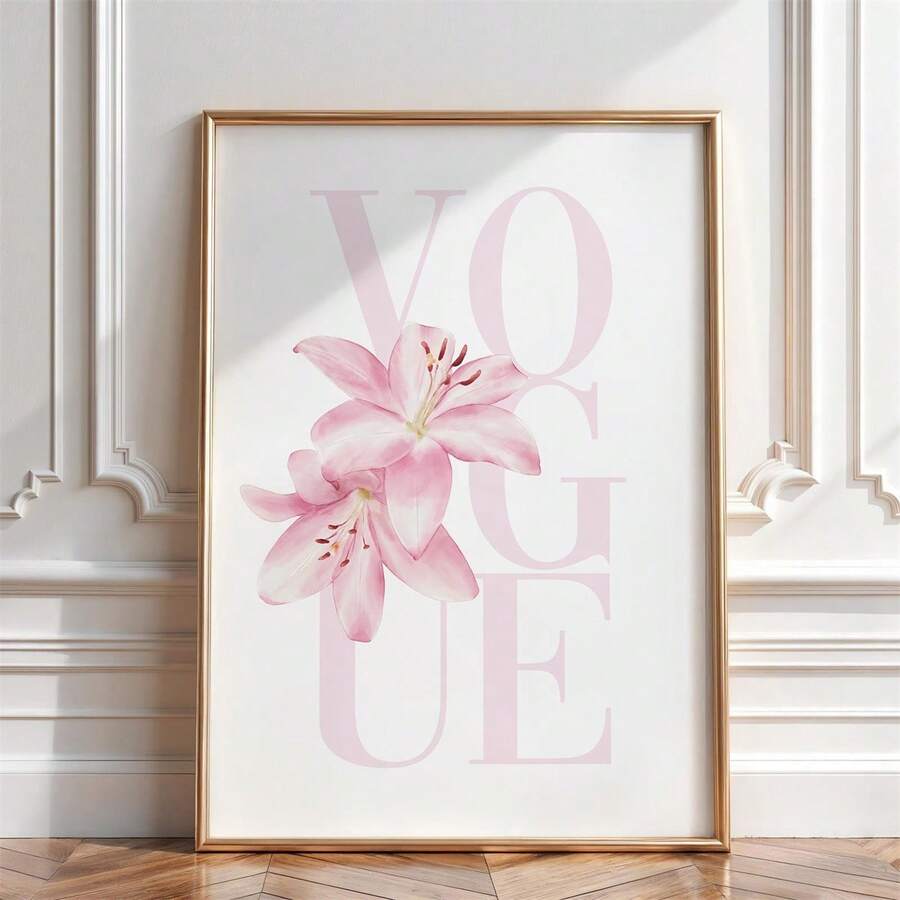Pink lily wall art with pale VOGUE typography and floral design