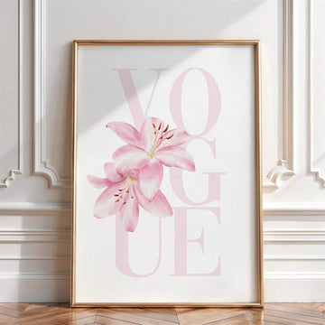Pink lily wall art with pale VOGUE typography and floral design