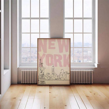 Pink New York poster with Statue of Liberty and Manhattan skyline by tall windows