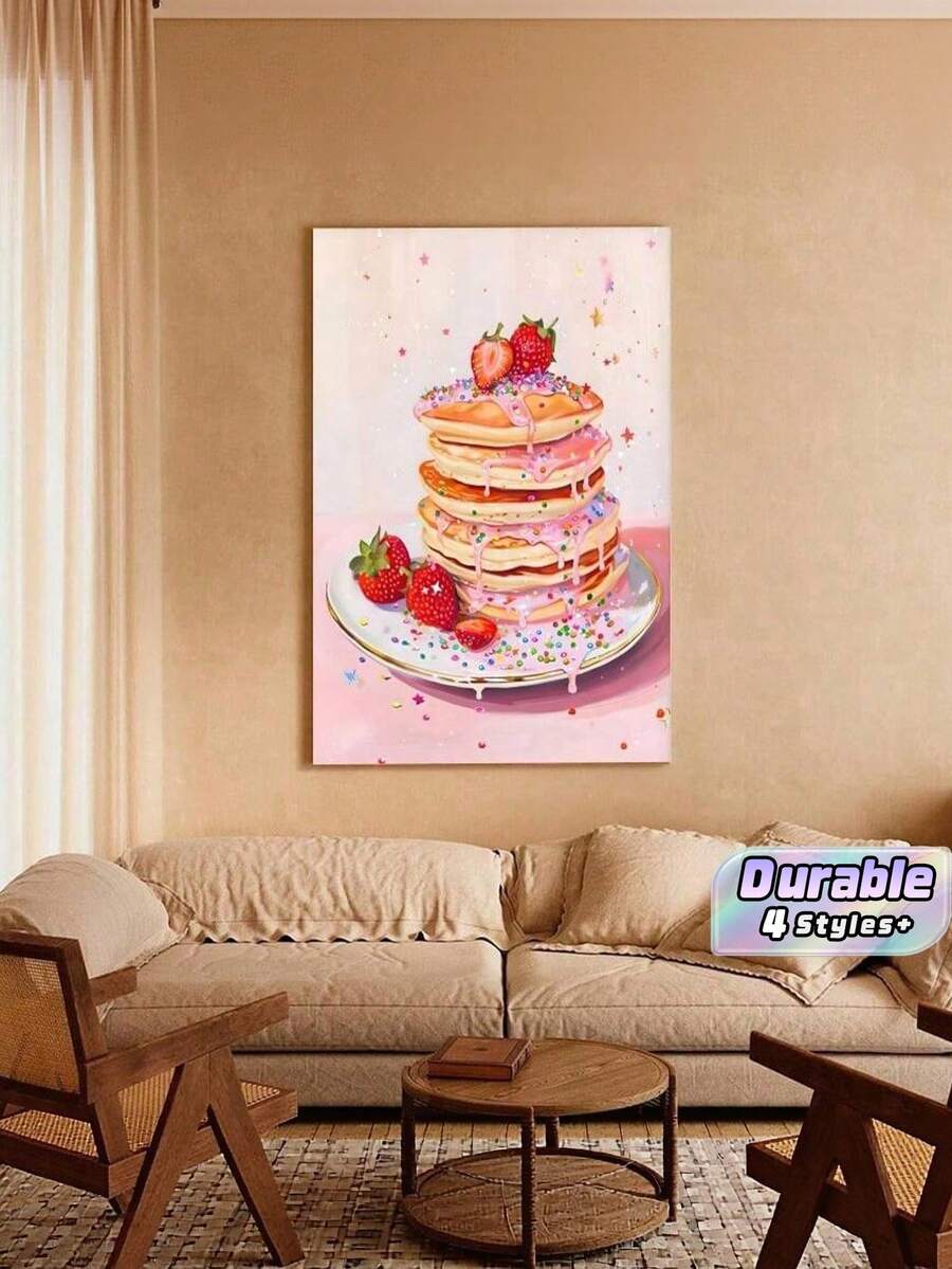 Pink strawberry pancake canvas poster with sprinkles displayed above a beige living room sofa
