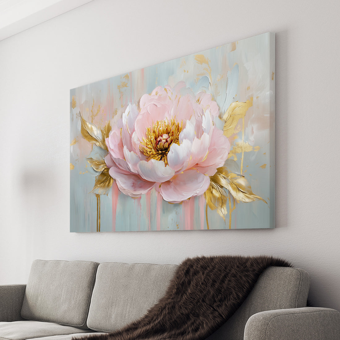 Elevate your home decor with our Pink Peony Floral Canvas Wall Art featuring stunning gold leaf accents. Perfect for the living room, sofa backdrop, or bedside, this piece adds a touch of elegance to any room. Bring the beauty of nature indoors with this must-have piece.