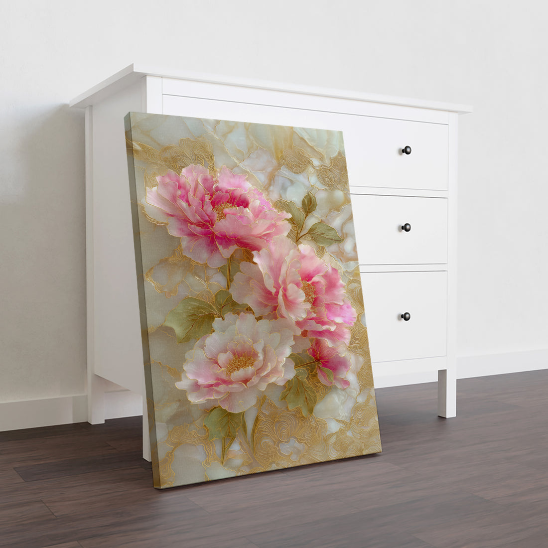 Elevate your interior with this sophisticated Pink Peony Floral Canvas Wall Art, where delicate pink blooms take center stage against a luxurious gold marble background. The refined color palette seamlessly complements modern and traditional décor styles, making it an ideal choice for living rooms, bedrooms, or above sofas. Hand-finished details and premium canvas construction ensure lasting vibrancy and durability.