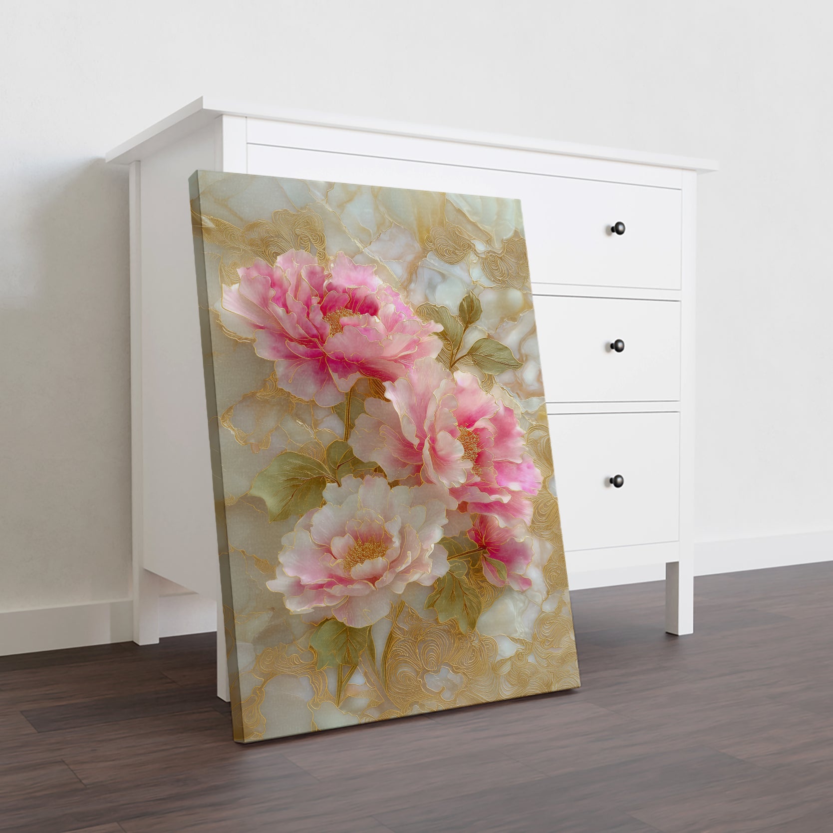 Elevate your interior with this sophisticated Pink Peony Floral Canvas Wall Art, where delicate pink blooms take center stage against a luxurious gold marble background. The refined color palette seamlessly complements modern and traditional décor styles, making it an ideal choice for living rooms, bedrooms, or above sofas. Hand-finished details and premium canvas construction ensure lasting vibrancy and durability.