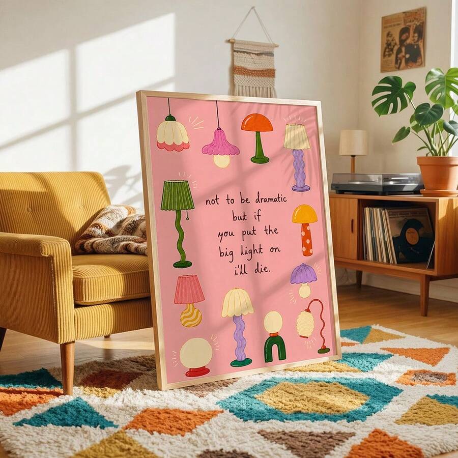 Pink retro lamp canvas poster with colorful groovy lamp illustrations and quote