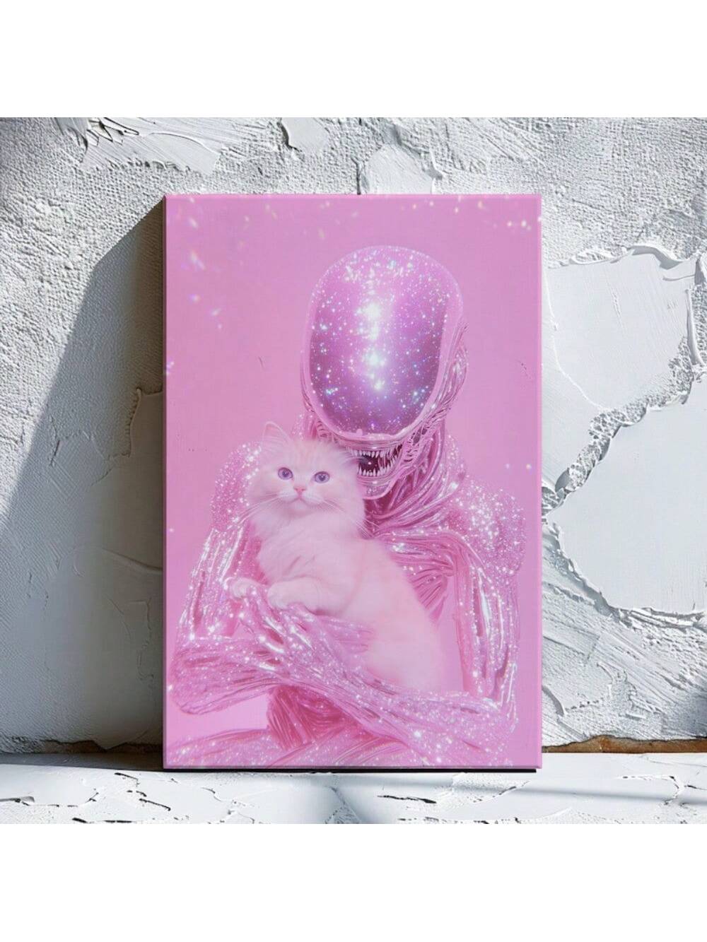 Elevate your space with this Pink Sparkle Futuristic Cat &amp; Alien Canva Poster, a distinctive blend of whimsical and modern design. Perfect for home, living rooms, bars, cafés, or offices, this unique wall art injects personality and a touch of cosmic charm. Its vibrant pink sparkle highlights futuristic elements, creating a captivating visual that complements diverse décor styles while sparking conversation and imagination.